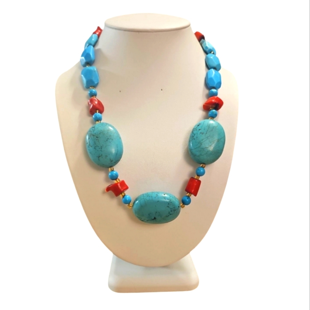 Vintage & Bulky Red Coral / Turquoise Statement Necklace.